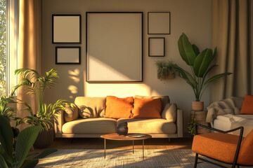 A large vertical poster frame and a gallery wall mock-up are displayed in a cozy living room interior.