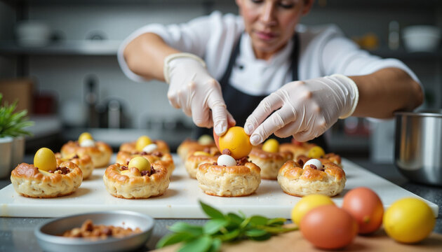 Chef joyfully decorating Easter-themed desserts in professional kitchen, celebration