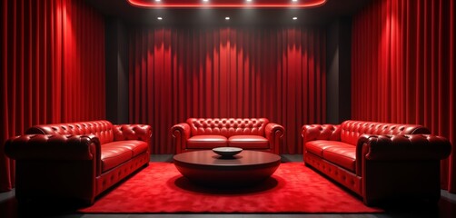 Red VIP room in elite nightclub. Luxury leather sofas and round table. Exclusive ambiance with red curtains. Nightlife and social atmosphere. Elegant and stylish setting for high-end parties.