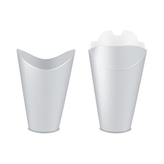 Blank white paper french fries holder cup. Closed and open. Realistic 3d vector mock-up. Takeaway street food cone packaging. Mockup. Cardboard snack box bucket. Template for design