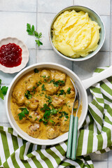 Traditional Swedish meatballs kottbulla with mashed potatoes.