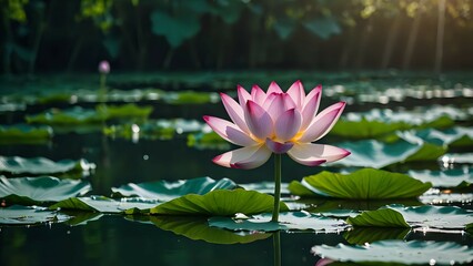 Serene pink lotus flower blooming in a pond, sunlight filtering through leaves.  Beautiful nature scene.