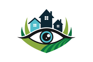 This logo features an eye symbol with houses and greenery, emphasizing community vigilance for safety, An abstract logo for a neighborhood watch group incorporating a simple eye shape