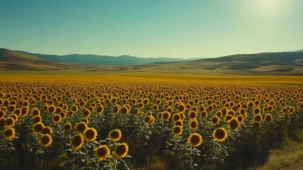 Obraz premium A vibrant sunflower field stretching as far as the eye can see under a clear blue sky