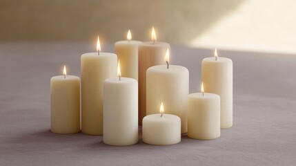 A collection of lit candles arranged in a serene setting.