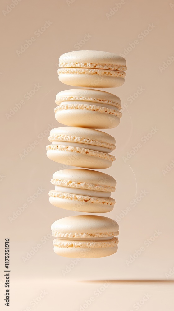 Aufkleber Six beige macarons are levitating in a perfectly vertical stack on a beige background, creating a visually appealing and minimalist composition