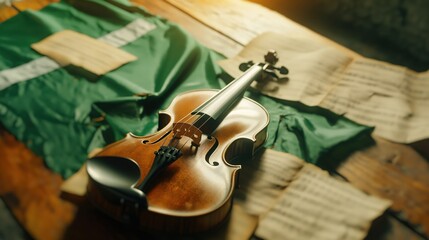 An Irish fiddle rests on a warm wood surface, surrounded by sheet music, sparking St. Patrick's Day...