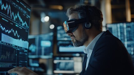 Man in VR headset analyzing financial data on multiple screens.