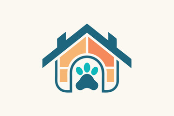 Naklejka na ściany i meble This artwork creatively depicts a home incorporating a playful paw print symbolizing a pet's presence, Abstract representation of a heart and pet in negative space