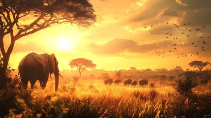 Naklejka premium A wild and untamed savannah with golden grasses, scattered acacia trees, and a herd of elephants in the distance