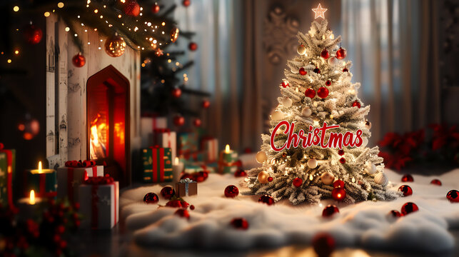 Cozy Christmas Scene with Decorated Tree and Gifts by Warm Fireplace - 'Christmas' Text Decoration, Perfect for Holiday Greeting Cards