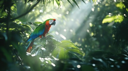 A tropical parrot in the middle of a lush forest, its feathers are green, blue and beautiful, background wallpaper AI generated image