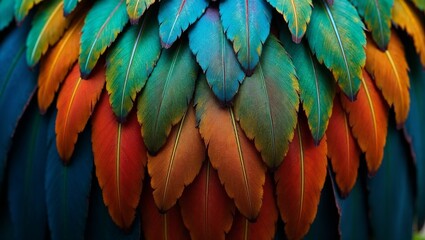 Fototapeta premium Vibrant colorful feathers, artistic mood, arranged in layers, close-up shot,