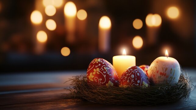 Easter, the time of Christ's resurrection, celebration of life, Easter eggs with candlelight.