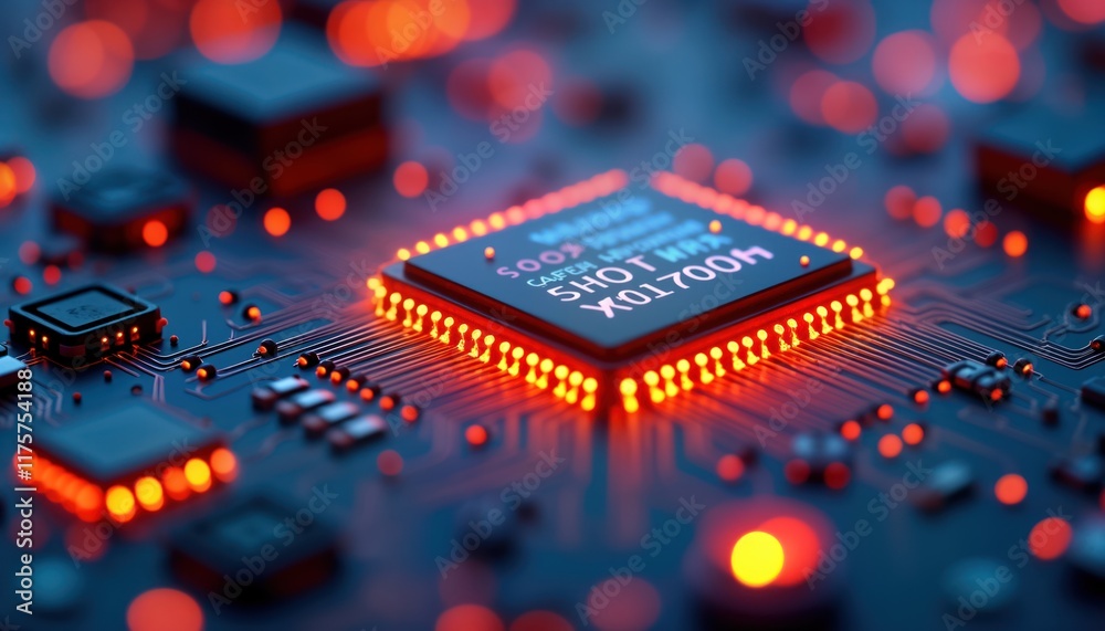 Poster high tech ai circuit board with colorful lights shows advanced tech processor. integrated circuit gl