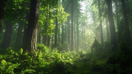 Naklejka premium A wild, untamed forest with thick underbrush, towering trees, and a sense of mystery