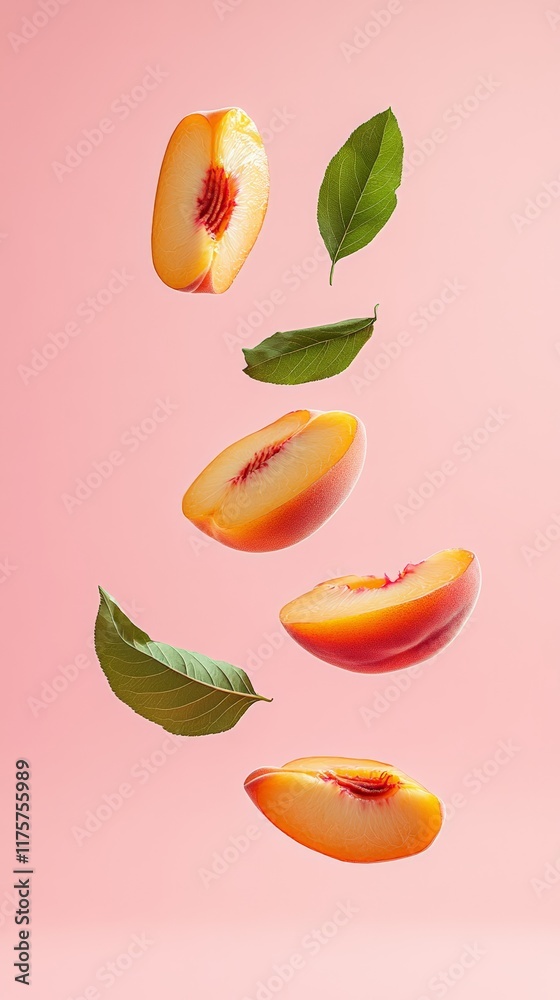 Poster four peach slices and three green leaves are levitating on a vibrant pink background, creating a vis