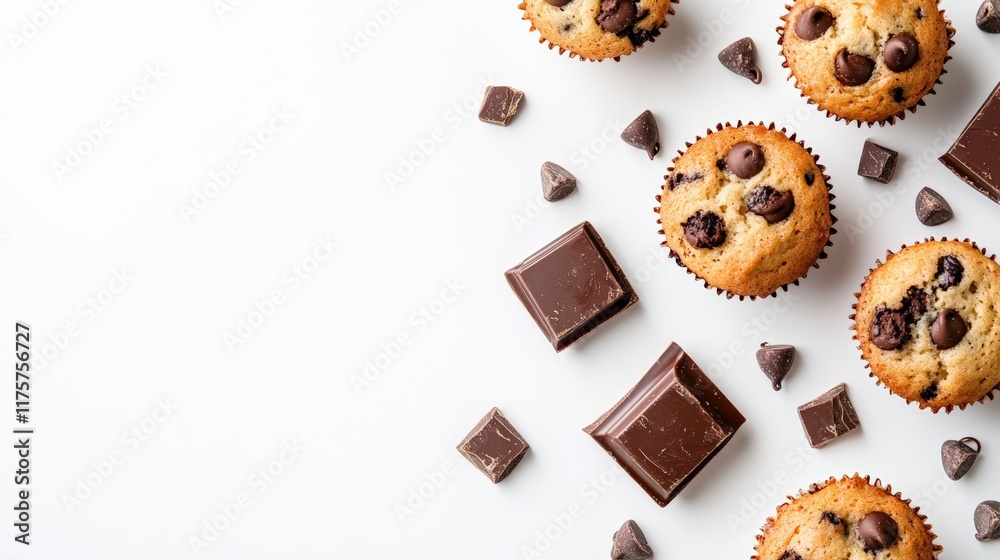 Poster arranging chocolate chip muffins alongside rich chocolate chunks on a pristine white background crea