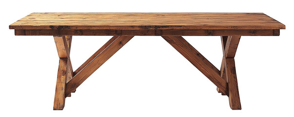 Rustic wood table, long wooden planks, cross-brace legs, natural finish, farmhouse style, versatile dining d?cor Isolated on white background or PNG