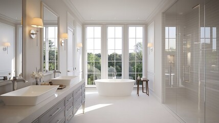 Luxurious and Spacious Modern Bathroom with Dual-Sink Vanity, Freestanding Bathtub, and Expansive Windows