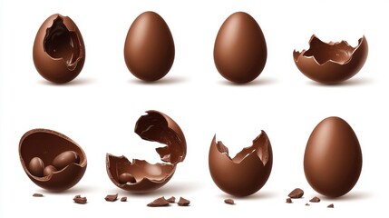 Chocolate eggs set. Isolated whole, broken, exploded, cracked and open brown eggs collection. Realistic sweet chocolate candy dessert icons. Vector Easter holiday celebration concept