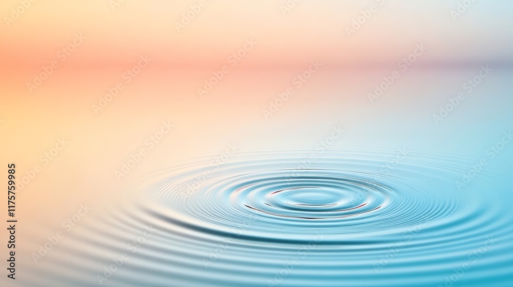 Poster Concentric ripples expanding outwards from the center where a drop of water has fallen onto a smooth surface, creating a mesmerizing pattern with a gradient of pastel colors in the background