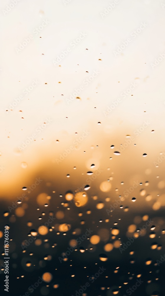 Aufkleber Raindrops clinging to a glass surface during a golden hour sunset, creating a mesmerizing bokeh effect with blurred lights in the background, evoking a tranquil and atmospheric mood