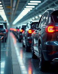 Fototapeta premium Automated car assembly line inside modern automotive plant. Cars in various stages of production moving along conveyor system. Plant well-lit, organized. Advanced manufacturing tech visible in