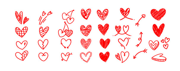 Doodle of heart for valentine's day. Sketch of red heart icon symbol graphic set. Hand drawn heart element vector