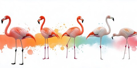 Obraz premium A group of flamingos are standing in a line, with some of them having their heads turned to the right. The image has a colorful and vibrant feel