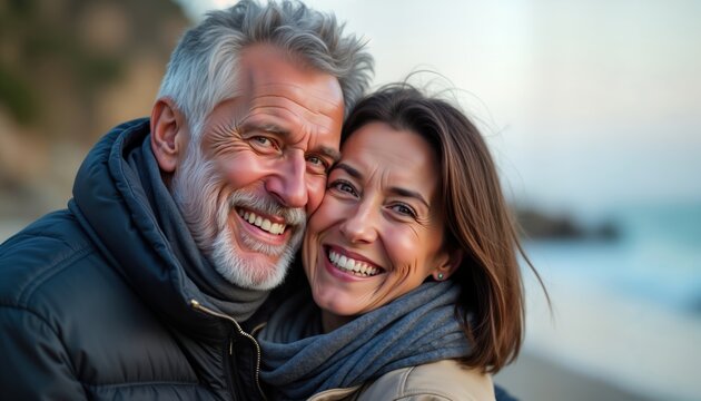 Joyful middle-aged couple embrace lovingly on beach. Smiles, closeness show deep connection, happiness. Image evokes feelings of love, serenity, togetherness. Sunny day, outdoor setting. Couple enjoy