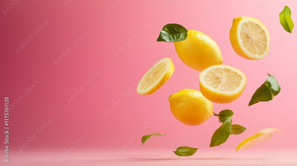 Aufkleber whole and sliced fresh yellow lemons with green leaves are levitating on a vibrant pink background, 