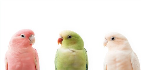 Three birds of different colors are standing next to each other. The pink bird is on the left, the green bird is in the middle, and the white bird is on the right