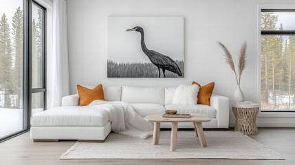 Elegant living room blending modern design with natural elements and serene artwork