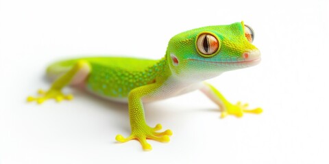 A green lizard with yellow feet is standing on a white background. The lizard has a curious expression on its face