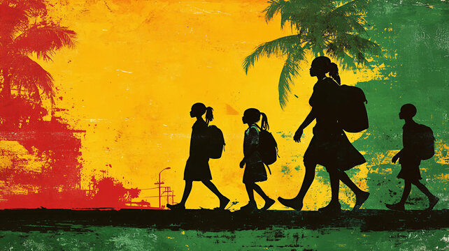 Black history month. Ni&ntilde;os yendo al colegio. Ilustraci&oacute;n con hombres, mujeres y ni&ntilde;os negros orgullosos. 