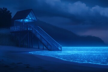 A serene beach at night with glowing bioluminescent waves and wooden lifeguard tower. tranquil atmosphere invites relaxation and wonder