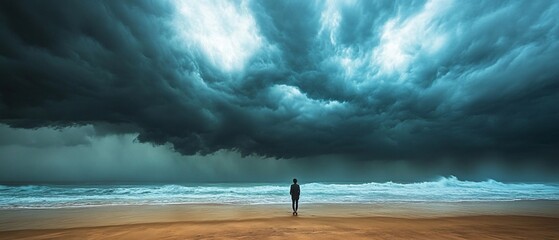 Solitary figure on beach, storm clouds overhead, ocean waves. Use  Weather, nature, mood