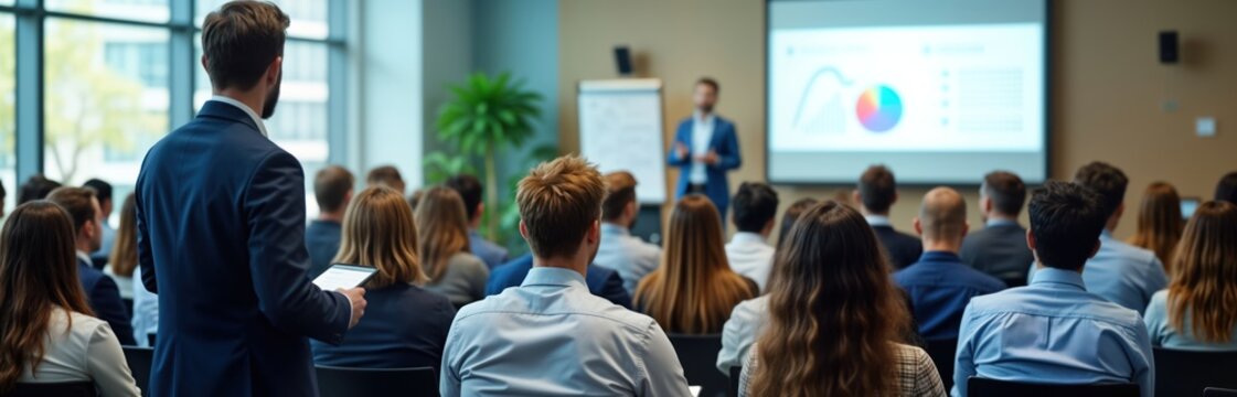 Large diverse audience attends professional business seminar. Speaker presents to group using modern tech. Attendees listen, engage in learning. Event indoors, likely in corporate educational setting.