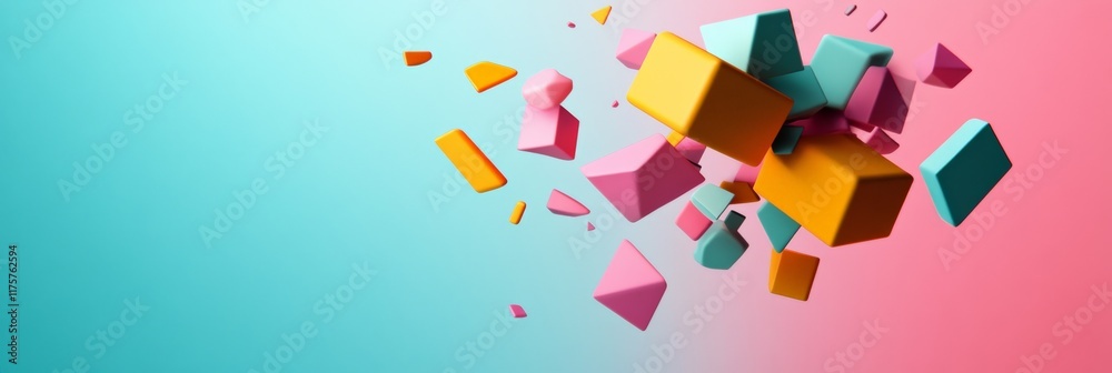 Poster vibrant geometric shapes, including cubes and pyramids, dynamically levitating and scattered against