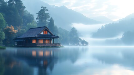 Fototapeta premium Serene Japanese House on Misty Mountain Lake