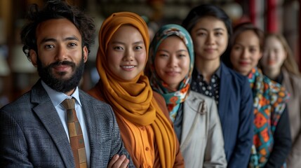 Fototapeta premium Group of people standing in a line, dressed in formal and traditional attire, which may indicate a professional or cultural gathering