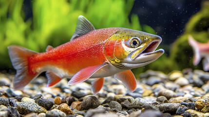 Fototapeta premium vibrant sockeye salmon swimming gracefully among pebbles and aquatic plants. Its striking colors and lively movement create captivating underwater