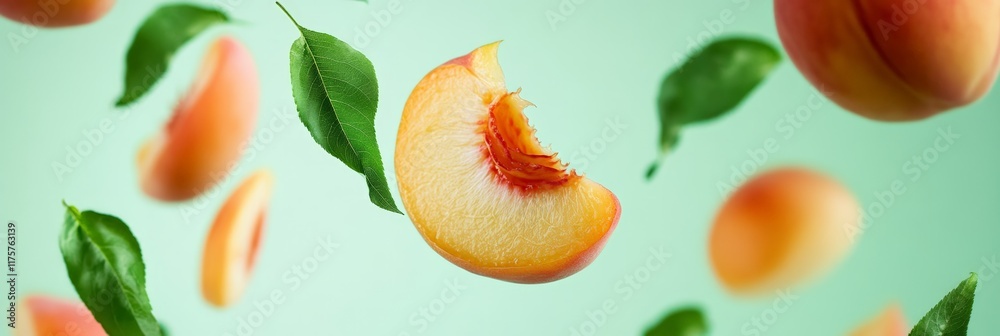 Poster fresh, ripe peaches, peach slices, and green leaves are levitating against a vibrant turquoise backd
