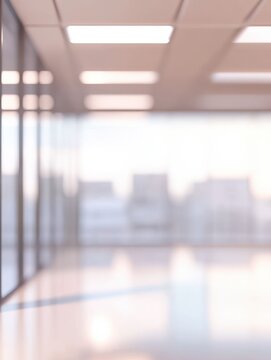 Beautiful blurred background of a light modern office interior with panoramic windows and beautiful lighting, ofiice blured background.