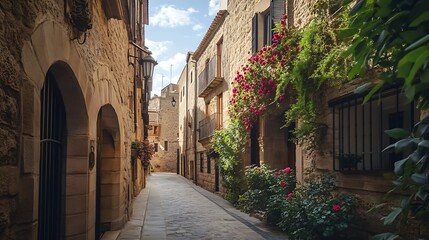Charming stone street with vibrant flowers and old buildings