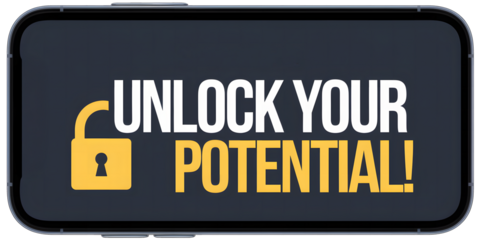 Unlock Your Potential Text on Smartphone Screen with Yellow Lock Icon and Dark Background
