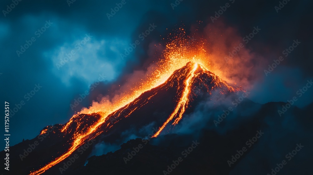 Poster glowing lava cascading down the volcano's side during dusk, creating a dramatic scene as smoke and a