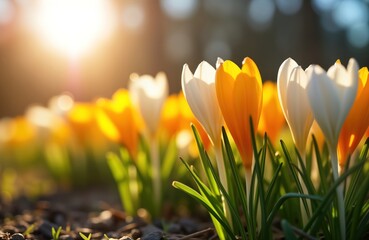 Fototapeta premium Springtime garden scene shows crocuses blooming in vibrant yellow, white. Sunlight highlights delicate flowers. Rich green grass, soil form natural background. First flowers of spring. Garden park