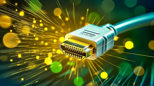 An illuminated HDMI cable emerges from a swirl of vibrant lights, showcasing the essence of modern technology. This colorful scene highlights innovation, connectivity, and digital interaction.